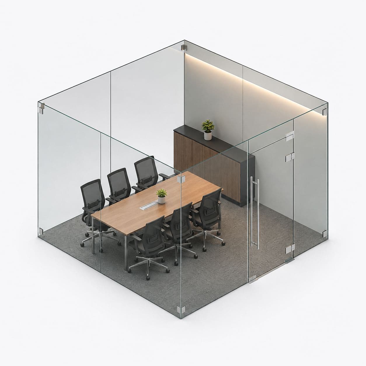 Frameless toughened glass office cabin with a glass door fitted by FabWise