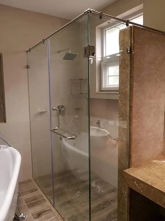 L-shaped corner enclosure, hinged door fitted by FabWise in Gurugram & Noida — photo 3