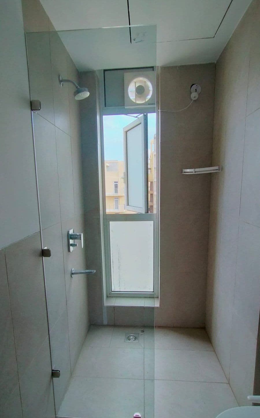 Fixed walk-in shower panel