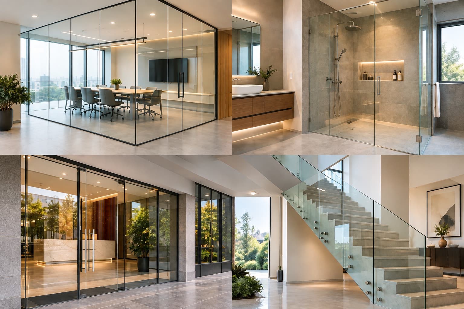 Glass work in four settings: an office glass cabin, a frameless shower enclosure, a glass shopfront and a glass stair railing