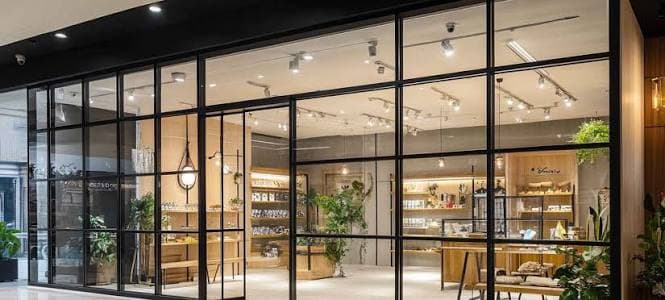 Retail shop with a full-width toughened glass front and display visible from the market corridor