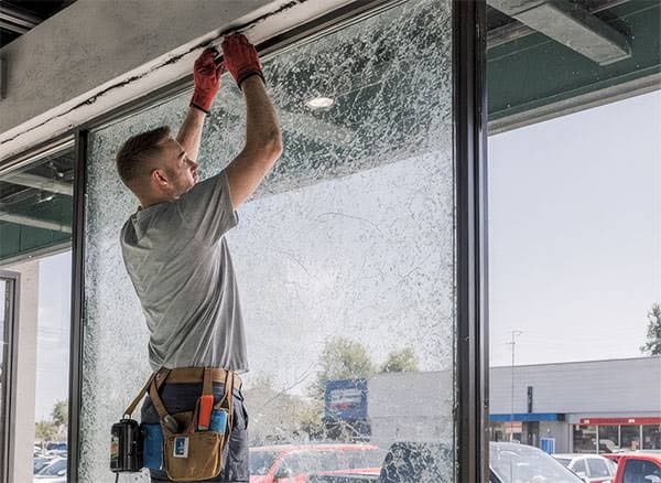 Cracked glass pane being replaced in its frame
