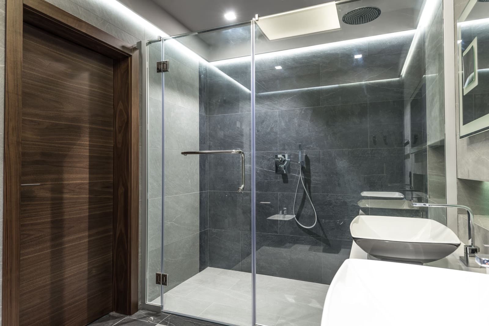 L-shaped corner enclosure, hinged door, FabWise